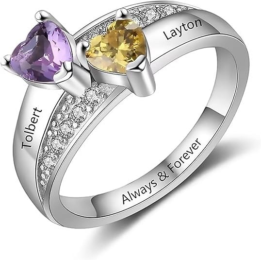 Custom Multi-Stone Family Ring 925 Sterling Silver/10K/14K/18K Gold Colored Personalized (2-8 stones) Birthstone Engraved Ring for Women Mom Wife Jewelry Gifts - style: Two Stone