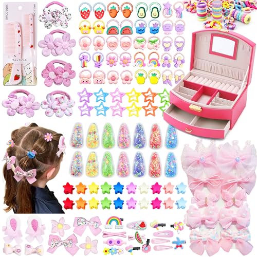 252Pcs Hair Accessories for Girls Back to School Gift with Red Jewelry Box | Hair Stuff Including Jewelry Box for Neat Storage Clips Ties Bows for Little One Teen Age 3-12 Birthday Gift - color: RED