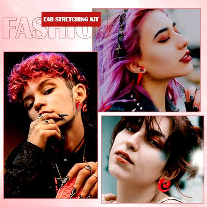 54/102Pcs Ear Stretching Kit 14G-00G Acrylic Ear Gauge Stretching Kit with Heart Plugs Gauge Tapers Ear Tunnels Horseshoes Taper Spiral Tapers Gauges Ear Expanders for Men Women - color: Red