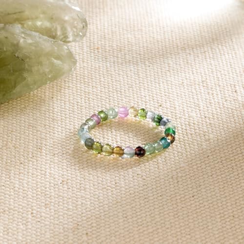 NLIEO Handmade Natural Gemstone Crystal Beaded Stretch Band Ring for Women | Handmade, 3mm Natural Stone, Size 7-12, Stretchy, Beaded Jewelry, Green Bead Rings, Trendy Jewelry Gift - style: Tourmaline