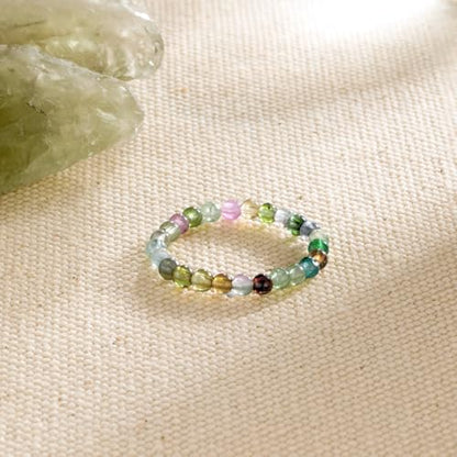 NLIEO Handmade Natural Gemstone Crystal Beaded Stretch Band Ring for Women | Handmade, 3mm Natural Stone, Size 7-12, Stretchy, Beaded Jewelry, Green Bead Rings, Trendy Jewelry Gift - style: Tourmaline