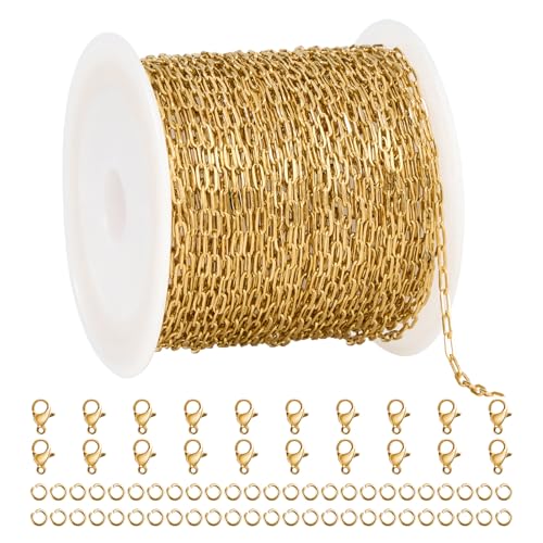 UMAOKANG 32.8 Feet Small Paperclip Chain for Jewelry Making Dainty Gold Plated Stainless Steel Chains Bulk on Spool - color: Paperclip Gold
