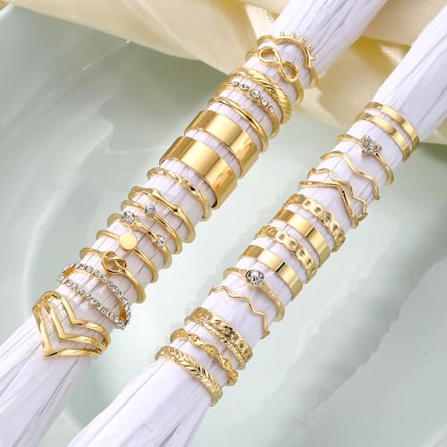 Golden Knuckle Rings Set for Women, 14k Golden Plated Open Stacking Knuckle Midi Rings Dainty Cubic Zirconia Crystal Simple Hollow Cute Rings Pack Jewelry Gifte - color: Golden 30PCS
