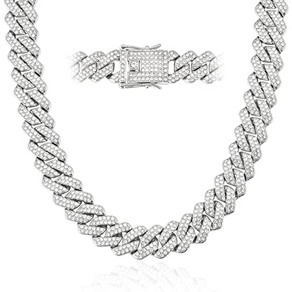 Mens Cuban Link Chain Miami Cuban Necklace 18K Gold Silver Chain For Men Women 14mm Iced Out Hip Hop Jewelry - color: 14K White Gold, size: 16 inches