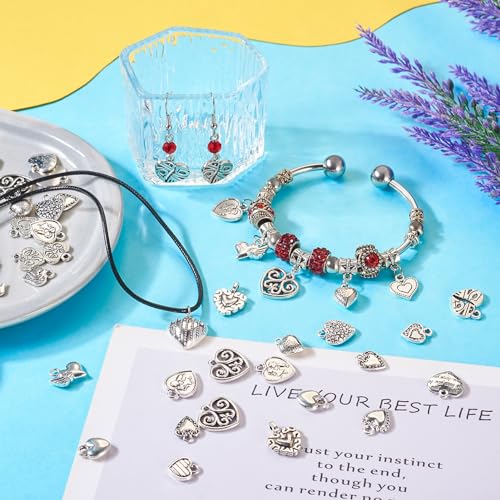 Elecrelive Crystal Heart Charms Rhinestone Heart Pendants Valentine Charms for Necklace Bracelet Earring Wedding Jewelry - color: Antique Silver, 100pcs