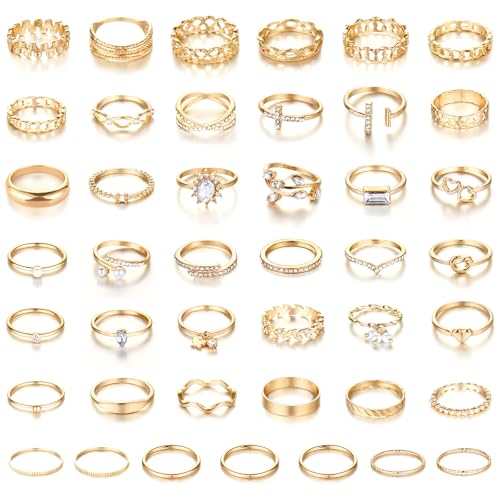 CHICUTIE Gold Knuckle Rings Set For Women Stackable Joint Finger Midi Rings Dainty Cubic Crystal Zirconia Simple Hollow Twist Cute Rings Pack Jewelry Gift - style: 43pcs Gold