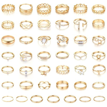 CHICUTIE Gold Knuckle Rings Set For Women Stackable Joint Finger Midi Rings Dainty Cubic Crystal Zirconia Simple Hollow Twist Cute Rings Pack Jewelry Gift - style: 43pcs Gold