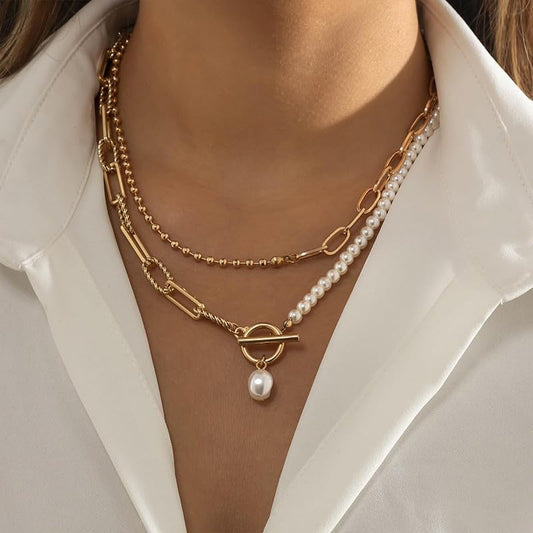 Layered Gold Necklace for Women Boho Turquoise Beaded Chain Set with Long Coin Pendant Trendy Y Necklace for Everyday Jewelry Gifts boho fashion fall fashion jewelry womens fashion - color: A-Golden paperclip pearl OT buckle necklace