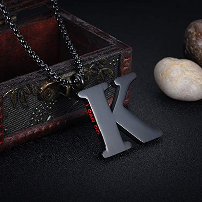 Initial 26 Letter A to Z Pendant Necklace for Teen Women Men 24" Chain | Large Alphabet Letter Personalized Charm Pendant,Engraving Red 'I CAN DO ...' on Back - style: K