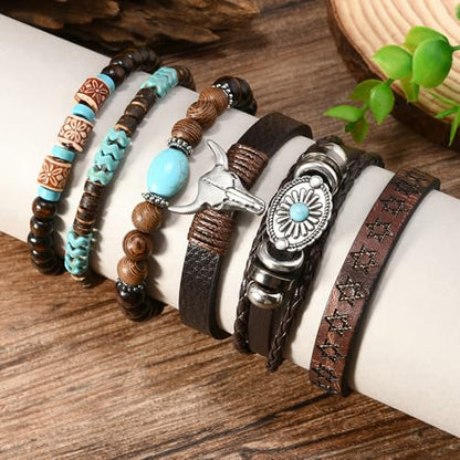 LOTSOF Western Turquoise Beaded Bracelet, Chic Stack Beaded Western Style for Country Concerts, Cowgirl Outfits & Boho Jewelry - color: Cow Head Charm Stretch Bracelet