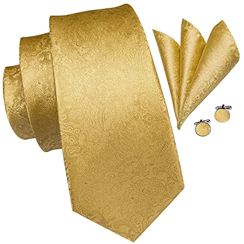 Hi-Tie 5Pcs Mens Solid Color Silk Tie Satin Pretied Bowtie Lapel Pin for Men Handkerchief Cufflink Wedding Gift Box - color: A Gold Paisely