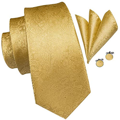 Hi-Tie 5Pcs Mens Solid Color Silk Tie Satin Pretied Bowtie Lapel Pin for Men Handkerchief Cufflink Wedding Gift Box - color: A Gold Paisely