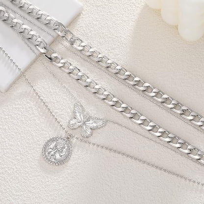 MJartoria Layered Necklaces for Women Trendy Retro Coin Pendant | Dainty Chunky Chain, Choker Necklaces, Jewelry Birthday Gifts - color: Silvery, style: A-X-Butterfly-5 in 1 Layered