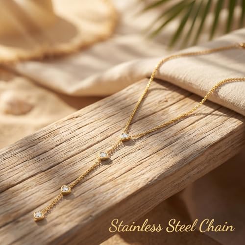 RINHOO Long Lariat Necklace for Women 18K Gold Plated Stainless Steel | Y-Drop Lariat Design, 18K Gold Hypoallergenic, Non-Tarnish V-Neck Layering, Wedding Prom Gift - color: Gold- Heart