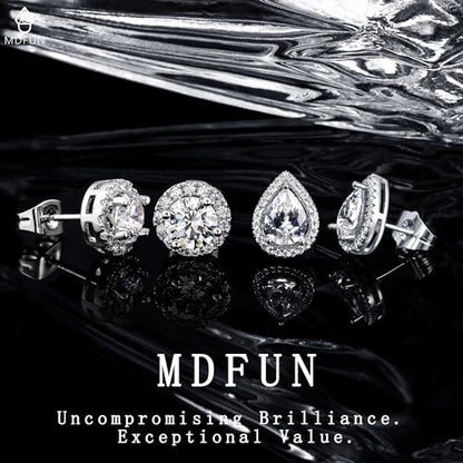 MDFUN Halo Stud Earrings 18K Gold Plated Round/Square/Heart/Teardrop Cubic Zirconia Earrings Set for Women - color: A-Round/Teardrop