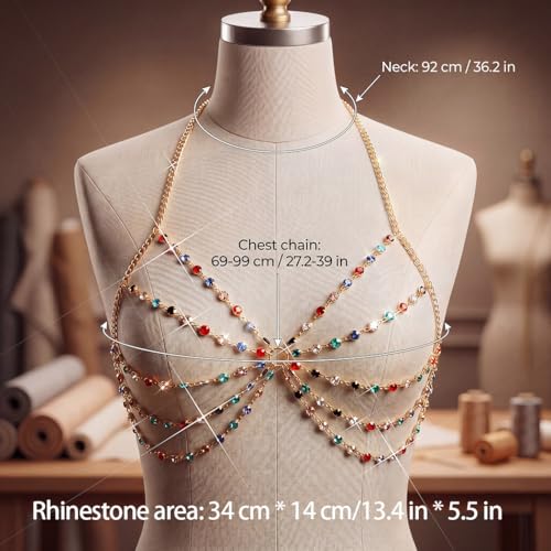 BODIY Rhinestone Chest Body Chain Gold Layered Chest Chains Summer Beach Bikini Bra Chain Colorful Body jewelry for Women
