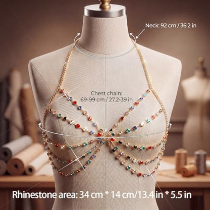 BODIY Rhinestone Chest Body Chain Gold Layered Chest Chains Summer Beach Bikini Bra Chain Colorful Body jewelry for Women
