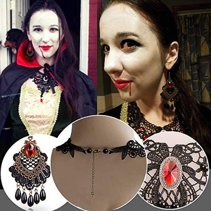 Black Lace Necklace and Earrings Set, Gothic Lolita Red Pendant Choker for a Halloween Costume and Wedding