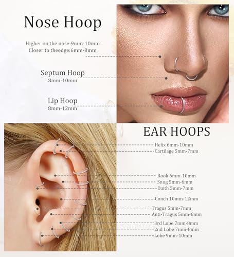 3pcs Nose Rings Hoops - 316L Surgical Steel Hinged Nose Hoops 16G/18G/20G CZ Clicker Septum Nose Ring Lip Helix Cartilage Hoop Earring Daith Rook Conch Body Piercing Jewelry for Women Men 8mm 10mm - color: Silver, size: 20 gauge(0.8mm)-10mm