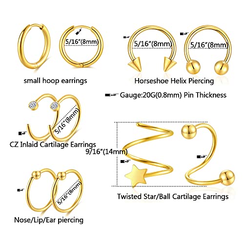 38Pcs Stainless Steel Earrings Set for Women Men 14K Gold Plated Small Flat Back Stud Earrings Hoop Earrings Women Men Hypoallergenic Cubic Zirconia Earrings Cartilage Earrings Rook Daith Tragues Lobe Conch Septum Piercing Jewelry - color: A:Gold