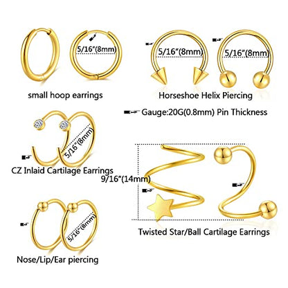 38Pcs Stainless Steel Earrings Set for Women Men 14K Gold Plated Small Flat Back Stud Earrings Hoop Earrings Women Men Hypoallergenic Cubic Zirconia Earrings Cartilage Earrings Rook Daith Tragues Lobe Conch Septum Piercing Jewelry - color: A:Gold