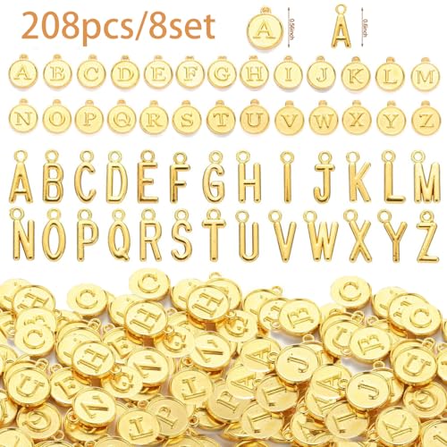 208Pcs/8 Sets Silver Letter Charms A-Z Alphabet Metal Initial Charms kit for Jewelry Making DIY Bracelets Necklaces and keychain making - color: Gold