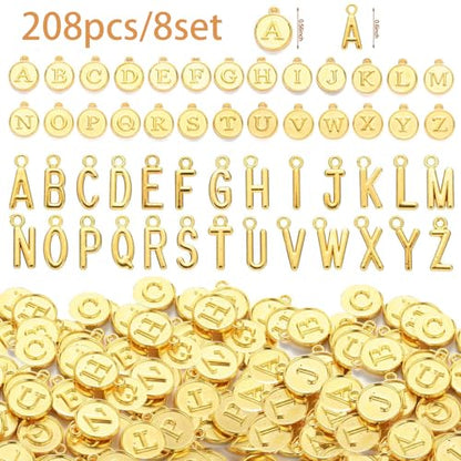 208Pcs/8 Sets Silver Letter Charms A-Z Alphabet Metal Initial Charms kit for Jewelry Making DIY Bracelets Necklaces and keychain making - color: Gold