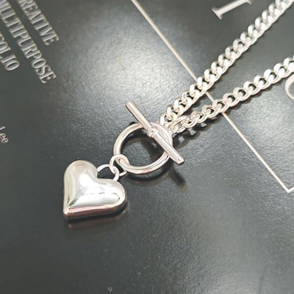 HERIER Cute Heart Necklace Dainty 18k Gold Plated Tiny Heart Pendant Choker Necklaces Small Gold Love Open Heart Chain Necklace for Women Simple Gold Necklace for Women Trendy Jewelry - color: Chunky Puffy Heart Necklace-Silver