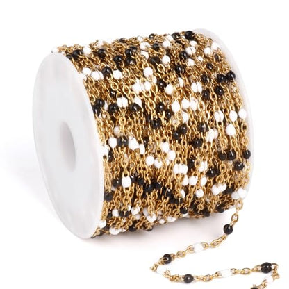 33FT 2mm Gold Cable Chains Black White Enamel Chain Bulk for Jewelry Making | 18K Gold PVD Plated Stainless Steel Enamel Beaded Chains Roll for Necklace Bracelet - color: Gold White Black Beads