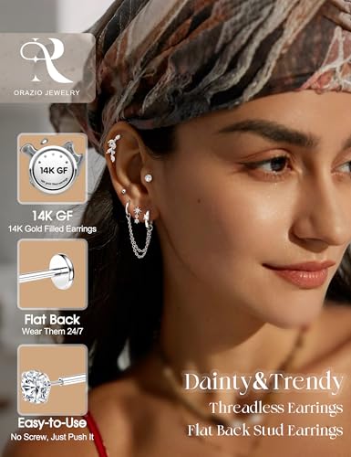 ORAZIO 16G/18G/20G Threadless Flat Back Earrings Push in Nose Rings Studs | 316L Surgical Steel Cartilage Earring Stacks Flatback Hypoallergenic Tragus Helix Conch Labret Medusa Piercing Jewelry - color: Style2-Silver, size: 18G=1.0mm