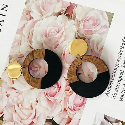 Wooden Geometric Clip On Earrings Women Gold Black Wood Non Pierced Ears Dangle Drop Earrings Triangle Leaf Comfortable Clip Earrings Jewelry - color: Circle_Black+Gold