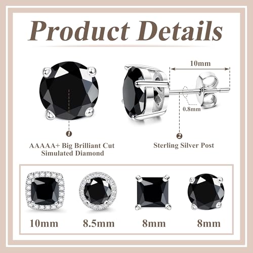 MILACOLATO S925 Sterling Silver Stud Earrings for Women Men Hypoallergenic 18K Gold Plated Cubic Zirconia Earrings Studs Brilliant Simulated Diamond Halo Earring for Sensitive Ears - style: 18K White Gold Plated - Black CZ