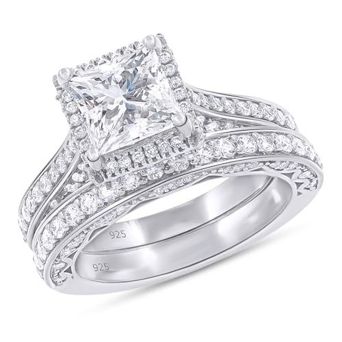 6MM Center Halo Princess Cut Bridal Set Engagement Ring for Women, 2 CT | Metal: Sterling Silver|Stone: Moissanite - color: White Gold