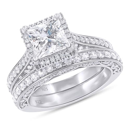 6MM Center Halo Princess Cut Bridal Set Engagement Ring for Women, 2 CT | Metal: Sterling Silver|Stone: Moissanite - color: White Gold