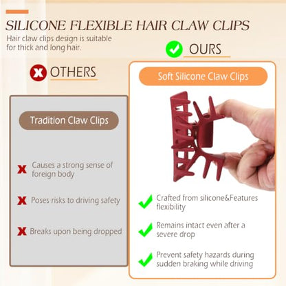 4 Pcs Flexible Hair Clip, 5 Inch Flexible Claw Clip for Women Girls | Unsnappable Soft Claws Clips for Lying Down & Driving, Non-slip Strong Hold Hair Clips for Thin Thick Hair, Brown&Red - color: Brown&Red-B