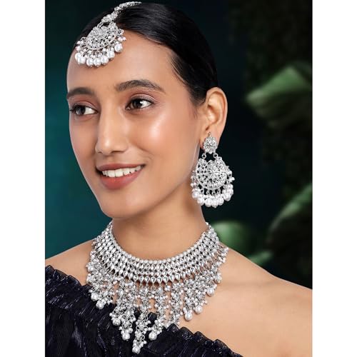 Aheli Elegant Indian Wedding Wear Faux Kundan Studded Choker Necklace with Maang Tikka Set Ethnic Fashion Jewelry for Women Maroon Kundan & Pearl Drop - color: Rhodium White