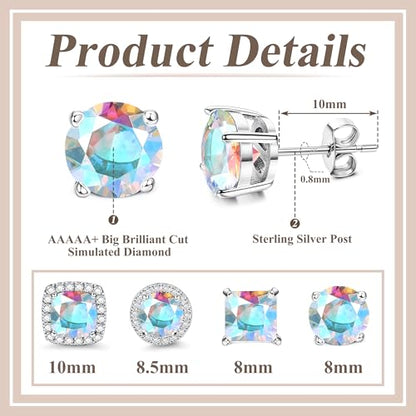 MILACOLATO S925 Sterling Silver Stud Earrings for Women Men Hypoallergenic 18K Gold Plated Cubic Zirconia Earrings Studs Brilliant Simulated Diamond Halo Earring for Sensitive Ears - style: 18K White Gold Plated - AB CZ