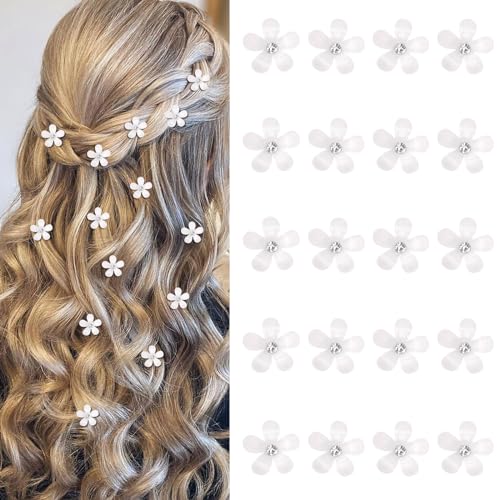 YISSION 20Pcs Mini White Rhinestone Flower Hair Clips, Decorative Wedding Bridal Hair Barrettes and Pins for Girls Women - color: White