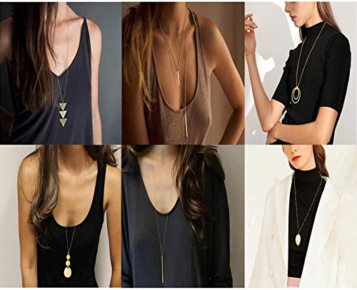 Fesciory 6 PCS Long Pendant Necklace for Women, Gold Bar Circle Leaf Triangle Tassel Y Necklace Set | Gold Plated Bar, Circle, Leaf, Triangle and Disc Pendant, Adjustable Fit, Long Necklace Jewelry Gifts for Loves - color: Set 2