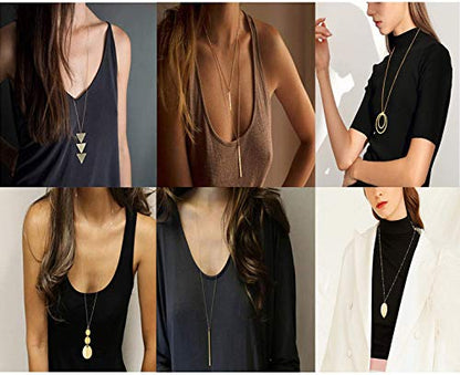 Fesciory 6 PCS Long Pendant Necklace for Women, Gold Bar Circle Leaf Triangle Tassel Y Necklace Set | Gold Plated Bar, Circle, Leaf, Triangle and Disc Pendant, Adjustable Fit, Long Necklace Jewelry Gifts for Loves - color: Set 2