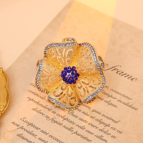 Elegant Big Crystal Flower Ring for Women Gold Rhinestone Floral Rings Open Finger Adjustable Crystal Flower Statement Ring Jewelry for Bridal Wedding - color: Flower 1 - blue