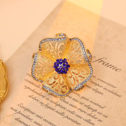 Elegant Big Crystal Flower Ring for Women Gold Rhinestone Floral Rings Open Finger Adjustable Crystal Flower Statement Ring Jewelry for Bridal Wedding - color: Flower 1 - blue