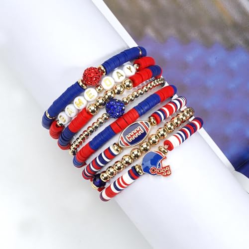 Ardorchid Halloween Bracelets for Women Pumpkin Ghost Steleton Bat Skull Beaded Stackable Stretchy Bracelet Rugby Thanksgiving Christmas Heishi Bracelets - color: Game Day-Blue&Red