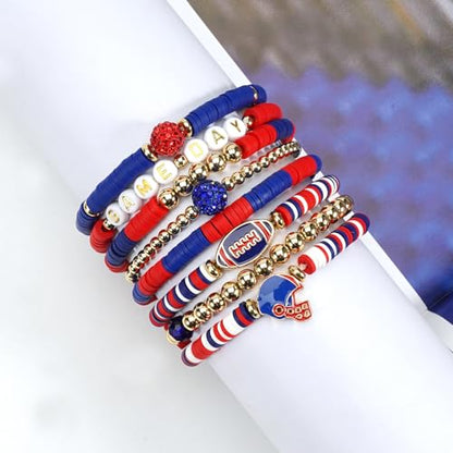 Ardorchid Halloween Bracelets for Women Pumpkin Ghost Steleton Bat Skull Beaded Stackable Stretchy Bracelet Rugby Thanksgiving Christmas Heishi Bracelets - color: Game Day-Blue&Red