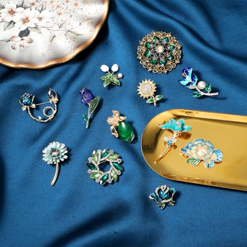 12pcs Women Brooches Bulk Set,Rhinestone Crystal Vintage Brooch Pins,Retro Broches Pin for Women Mother's Day Gifts Christmas Gifts - style: Flower
