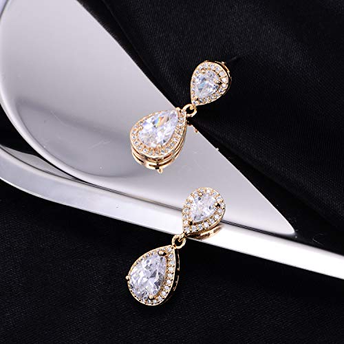 Pave Teardrop Earrings for Wedding Sterling Silver Double Pear Shaped CZ Cubic Zirconia Crystal Rhinestone Birthstone Dangle Earrings Bridal Jewelry for Bride Bridesmaids - color: Luxurious Gold