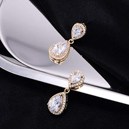 Pave Teardrop Earrings for Wedding Sterling Silver Double Pear Shaped CZ Cubic Zirconia Crystal Rhinestone Birthstone Dangle Earrings Bridal Jewelry for Bride Bridesmaids - color: Luxurious Gold