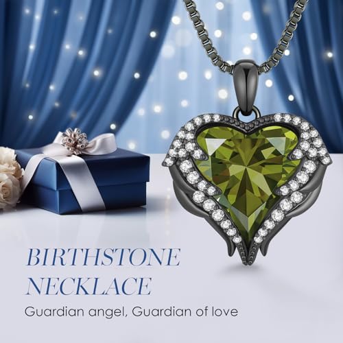 CDE Angel Wings Heart Birthstone Pendant Necklace Gift for Women | Silver/Gold Tone,Ideal Birthday & Anniversary Jewelry Gift for Wife,Girlfriend,Her - color: Black-08-Peridot Green Birthstone