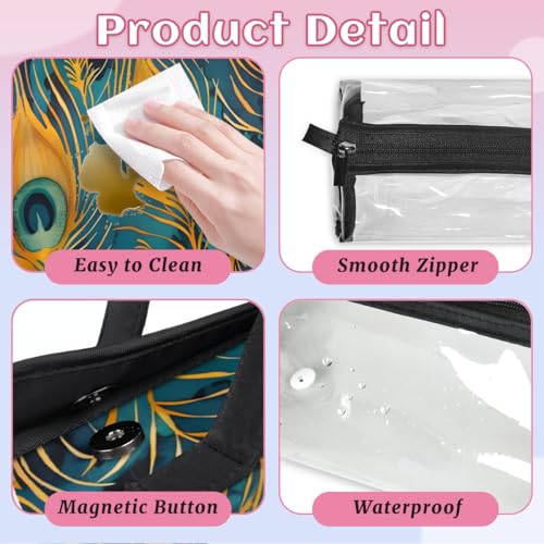 Bohemian Peacock Feather Hanging Roll Up Cosmetic Bag with 4 Removable Storage Bags Waterproof Foldable Toiletry Kit for Women - color: Multicolor 11