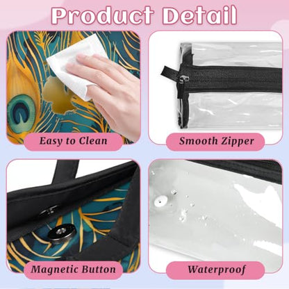 Bohemian Peacock Feather Hanging Roll Up Cosmetic Bag with 4 Removable Storage Bags Waterproof Foldable Toiletry Kit for Women - color: Multicolor 11